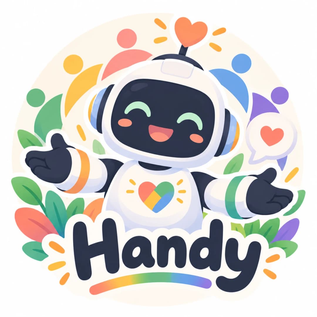 Handy, la mascotte : un petit robot souriant aux bras ouverts